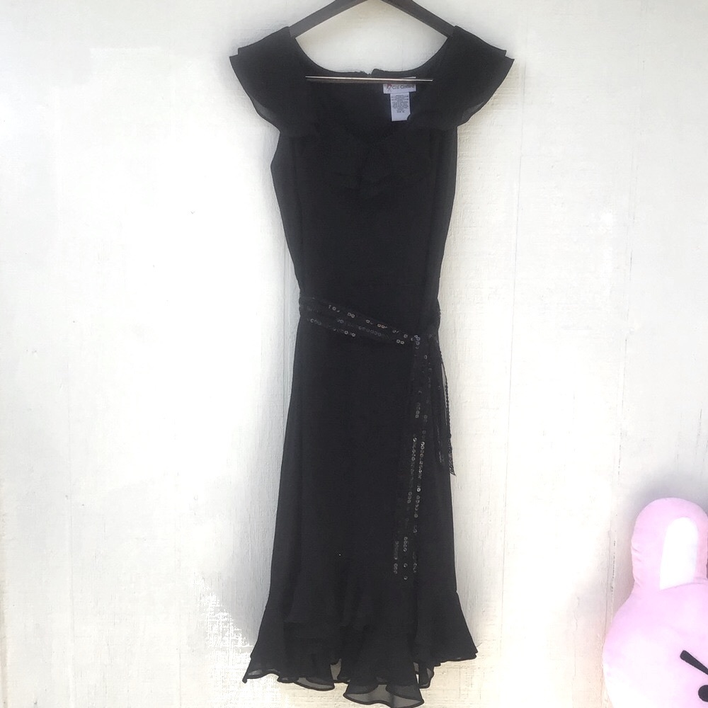 Vintage 90s Y2K black midi ruffle sequin belt dress
